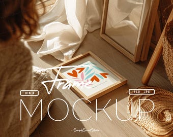 Scandi Wooden Frame Mockup with Person, DIN A Ratio, Picture Frame Mockup on Floor, A4 Printable Poster Wall Art Display, Boho Frame Mockup