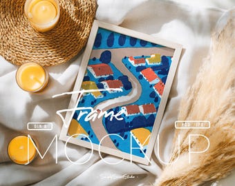Single Frame Mockup, DIN A4 Poster Mockup, Boho Artwork Frame Mockup, Photo Frame Mockup, Cozy Wood Picture Frame, Soft Wall Art Display PSD