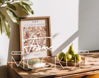 Walnut Wood Frame Mockup in on Table, A4 Poster Frame Mockup, Cool Artwork Frame Mockup, Photo Frame Mockup, Picture Frame, Wall Art Display