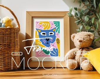 Kids Poster Mockup on Desk, Nursery Artwork Frame Mockup, Children Photo Frame Mockup, Cute Picture Frame, Playful Wall Art Display PSD