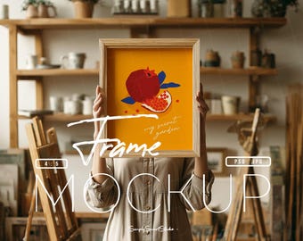 Large Wood Frame Mockup with Person, 4x5 Ratio, Picture Frame Mockup on Hands, Printable Poster Wall Art Display, Boho Frame Mockup PSD