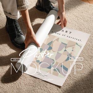 Poster Mockup With Person, Rolled Up Printable Paper Poster, Detail Close Up Hands Unrolling Wall Art, DIN A2 Realistic Frame Mockup PSD