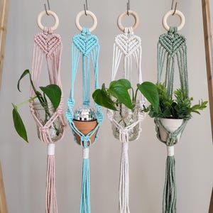 May include: Four macrame plant hangers in pink, blue, white, and green. Each hanger has a heart-shaped design and is holding a small potted plant.