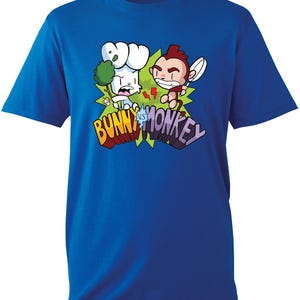 May include: A royal blue t-shirt featuring a cartoon graphic of a bunny and a monkey fighting. The text "Bunny vs Monkey" is printed in rainbow colours.