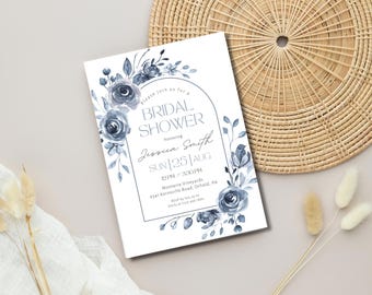May include: A white bridal shower invitation with a watercolor illustration of blue flowers and a text overlay that reads "Please join us for a Bridal Shower honoring Jessica Smith Sun 25 Aug 2PM - 3:30PM Monterre Vineyards 6541 Kernsville Road, Orfield, PA"