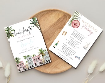 May include: A bachelorette weekend invitation with a watercolor illustration of palm trees and colorful buildings. The text reads "bachelorette weekend" and "Let's celebrate the bride-to-be Casie Jo" with the dates August 4-7, 2022 and the location Charleston, South Carolina. A separate card lists the weekend itinerary with activities for each day.