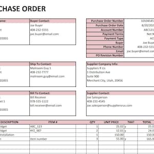 May include: A purchase order form with a pink background. The form includes information about the company, buyer, ship to, bill to, supplier company, and supplier contact. The form also includes a table with line items, description, item number, quantity, unit price, tax, and total.