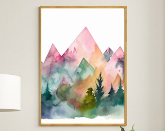 Watercolor Mountain Wall Art, Boho Gallery Art, Neutral Home Decor, Mountain Cabin Aesthetic Digital Print, Last minute Wedding gift Instant