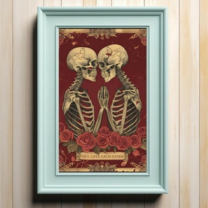 Impresión de esqueletos de Halloween: "Se aman", póster imprimible, arte de pared de esqueleto romántico, impresión digital de rosa, regalo de Deadhead, descarga instantánea