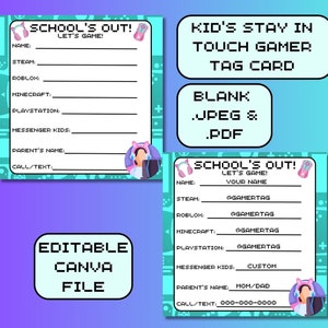 Gamer Girl Gamer Tag Kontakt druckbarer Sommer bleiben Sie in Kontakt CANVA bearbeitbare Schulabschlusskarten Kinder-Visitenkarte Kinder-Sommer-Kontaktkarte