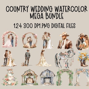 Land Hochzeit Clipart Mega Bundle PNG 124 Bundle Western Boho Ehe Clip Art Sublimation Karte machen Handwerk Junk Journal Kuchen Topper