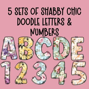 Letras Shabby Chic Alphadoodle, números Doodle Cottagecore en formato PNG, diseño de sublimación digital, impresión bajo demanda, letras de granja
