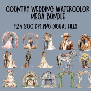 Country Wedding Clipart Mega Paquete PNG 124 Paquete Western Boho Matrimonio Clip Art Sublimación Tarjeta Haciendo Craft Junk diario Scrapbooking