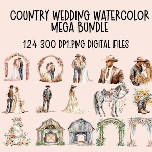 Country Wedding Clipart Mega Bundle PNG 124 Bundle Western Boho Matrimonio Clip Art Sublimazione Card Making Craft Junk journal cake topper