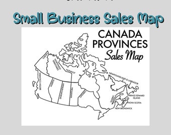 May include: A black and white outline map of Canada showing the provinces and territories. The map is titled "Canada Provinces Sales Map".
