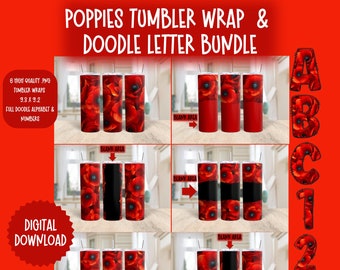 Flower Tumbler Wrap Alphadoodle Doodle Letter Bundle 20 oz Red Flower Sublimation Design Digital Download PNG 3D floral Bundle Red poppies