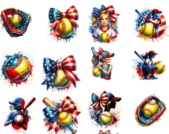 Softball clipart Bundle Red White Blue 4th of July Design Memorial Day Softball Player clipart bat Sports fourth of july Watercolor Clipart