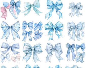 Blue coquette bows clipart bundle png digital download sublimation design Soft Girl Era  Pastel Ribbon Bow Victorian Style POD Design