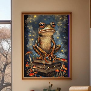 Whimsical Frog Wall Art Printable Book Stack Cottagecore Poster Gift for Bibliophile Wall art Gift For teacher Frog Lover Gift Dorm Decor