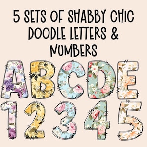 Letras Shabby Chic Alphadoodle, números Doodle Cottagecore en formato PNG, diseño de sublimación digital, impresión bajo demanda, letras de granja