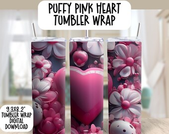 Puffy Heart Flowers Skinny Tumbler Wrap 20 oz Tumbler Wrap Sublimation Design Digital Download PNG jpeg 3D Pink Heart Embossed Skinny Wrap