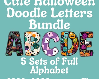 May include: A teal background with the text "Cute Halloween Doodle Letters Bundle" above the letters A, B, C, D, and E. The letters are filled with Halloween-themed illustrations. Below the letters is the text "5 Sets of Full Alphabet" and "4000x4000px .png files."