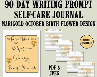 90 Day writing Prompt Self Care Journal Marigold Birth Flower October Birth Month Floral Diary Printable page Wellness Mental Health Journey