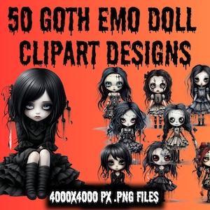 Gothic Creepy emo Doll Clipart 50 Bundle PNG Spooky Instant Digital Download Clip Art Sublimation Paper Crafting Junk journal Scrapbooking