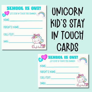 Einhorn Kind Kontakt druckbare Sommer bleiben in Kontakt CANVA bearbeitbare Schulende Karten Kinder spielen Datum Visitenkarte Kinder Sommer Kontaktkarte