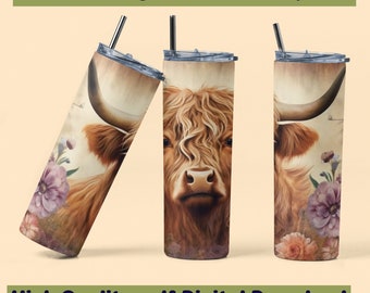 Highland Cow Tumbler Wrap Floral Cow 20 oz Skinny Sublimation Design Digital Download PDF Farm Animal Colorful 20oz Skinny Tumbler Wrap