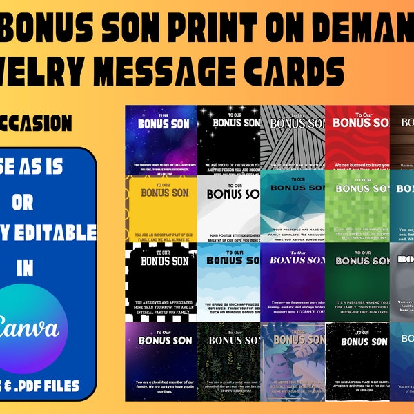 Bonus Son ShineOn Message Card Design Bundle Canva Editable Necklace Template Print On Demand POD Jewelry Cards step-son, Cuban Link Jewelry