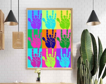 Arte de pared con huella de mano de Jerry García, jpeg, regalo de Deadhead, arte digital imprimible, diseño de arte pop único, regalo de inauguración de la casa para papá agradecido para mamá hippie