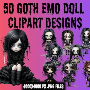 Goth Doll Clipart,Emo Doll Clip art 50 Bundle PNG Spooky Instant Digital Download Clip Art Sublimation Paper Crafting Junk journal Scrapbook
