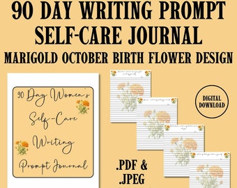 Writing Prompt journal Self Care 90 Day  Marigold Birth Flower October Birth Month Floral Diary Printable page Wellness Mental Health Diary