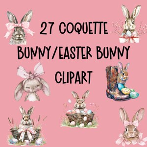 Coquette lapin Clip Art noeud rose lapin de Pâques Clipart Bundle 27 PNG ère Girly Clip Art Sublimation Junk Journal fichiers impression à la demande