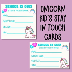 Einhorn Kind Kontakt druckbare Sommer bleiben in Kontakt CANVA bearbeitbare Schulende Karten Kinder spielen Datum Visitenkarte Kinder Sommer Kontaktkarte