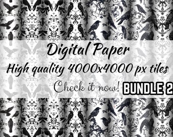 Whimsigoth patterned paper bundle Pack 2 Crows Seamless Digital Paper Print on demand Png For Fabric Rococo Junk Journal paper for Scrapbook