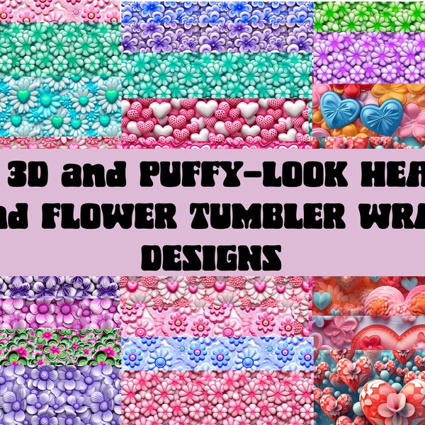 3D Hearts Flowers Mega Bundle,64 Skinny Tumbler Wrap 20 oz Sublimation Design bundle Digital Download PNG PDF Puffy Hearts 20oz Skinny Wrap