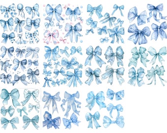 Blue coquette bows clipart bundle collection of Pastel blue bows ribbon Soft Girl  clip art POD Print on Demand Sublimation Files