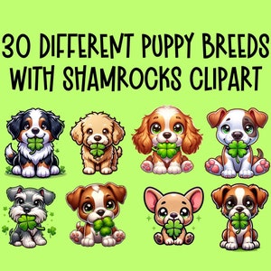 Dog Breed Clipart Bundle 30 PNG Puppy St Patricks Day Shamrock FOur Leaf Clover Clip Art Mug Tote Bag Sublimation Junk journal Scrapbooking