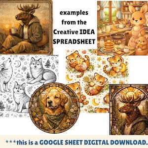 May include: A digital download graphic with multiple illustrations. It includes images of a deer-like character, a kangaroo cooking, cartoon tigers, wolves, a dog in a stained-glass style, and text that reads "examples from the Creative IDEA SPREADSHEET".