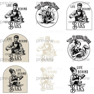 May include: Collection of black and white illustrations featuring bartenders. Each design includes the text "Life Behind Bars" and "Bars". The images depict bartenders mixing drinks and bar scenes.