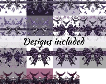 Pastel Goth Ravens Bows Tumbler Wrap Bundle set of 15 purple black ribbon with birds and skulls Whimsigoth Sublimation Design POD design