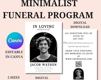 Minimalist Funeral Template Canva Editable 4x6 5x7 Memorial Funeral Program Template Celebration of Life, Obituary Card, Funeral Prayer Card