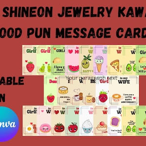Shineon Kawaii Food Pun Message Card Template Bundle, Custom Necklace Message Card Design Canva Editable POD Jewelry Card Print On Demand