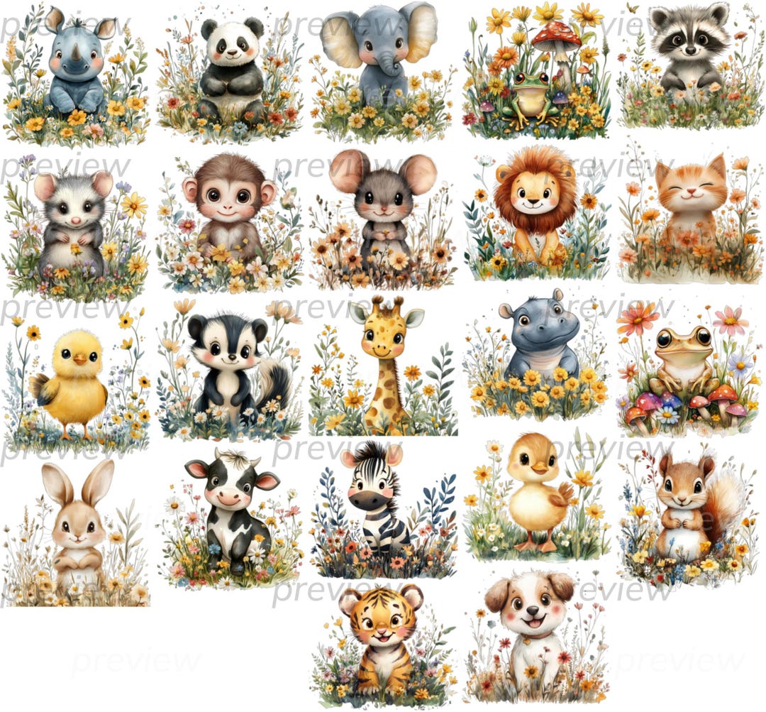 Safari Animals Clipart Bundle, Boho Flower Watercolor Baby Animal Pngs ...