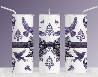 Ravens and Bows Tumbler Wrap Bundle set of 15 purple black ribbon with birds and skulls Whimsigoth Sublimation Design Pastel Goth POD design