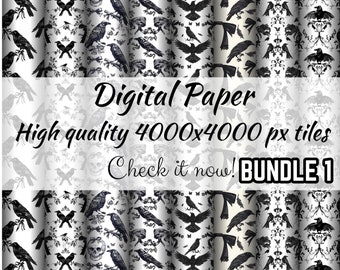 Whimsigoth patterned paper bundle Pack 1 Crows Seamless Digital Paper Print on demand Png For Fabric Rococo Junk Journal paper for Scrapbook