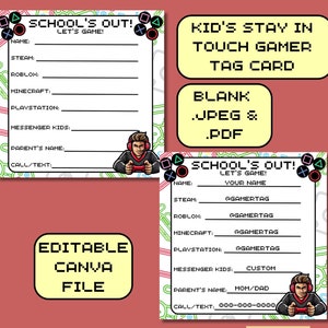 Kid Gamer Tag Kontakt druckbarer Sommer bleiben Sie in Kontakt CANVA bearbeitbare Schulabschlusskarten Kinder spielen Datum Visitenkarte Kid Sommer Kontaktkarte