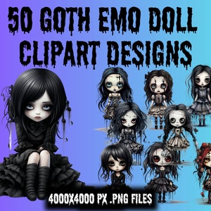 Goth Doll Clipart,Emo Doll Clip art 50 Bundle PNG Spooky Instant Digital Download Clip Art Sublimation Paper Crafting Junk journal Scrapbook